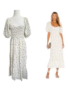 Faithfull The Brand Gianna Midi Dress Carrie Floral Linen Puff Sleeve M US 6